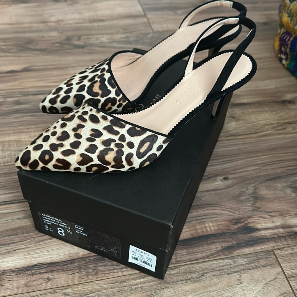 J Crew new in box Colette asymmetrical calf-hair sling back pump leopard Sz 8.5